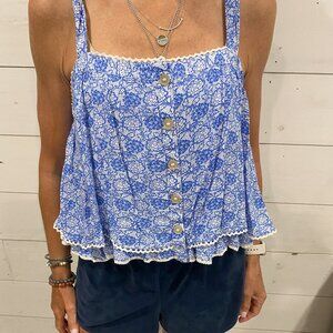 Free People Sweet Caroline Blue Floral Ivory Ruffle Crop top